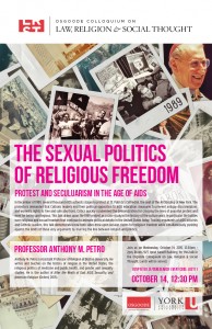 Image of poster for the event: “The Sexual Politics of Religious Freedom: Protest and Secularism in the Age of AIDS"